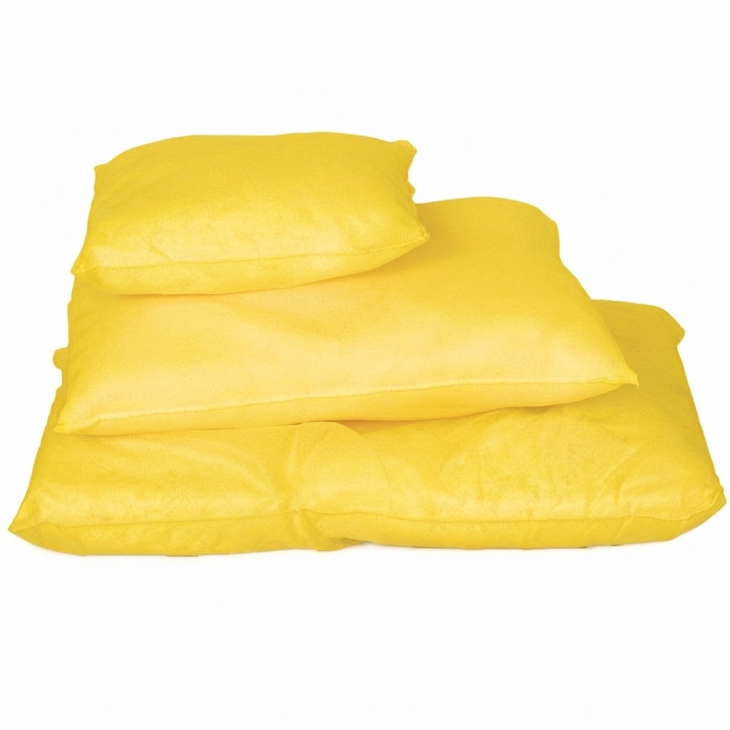 Pile of yellow pillows stacked on a white background with a duvet at the bottom