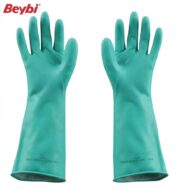 Teal rubber gloves with long cuffs and textured palms for grip, Beybi branding visible in the corner