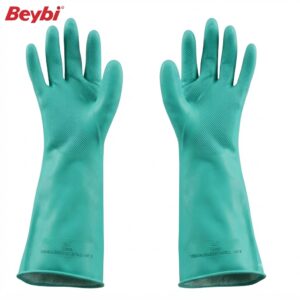 Teal rubber gloves with long cuffs and textured palms for grip, Beybi branding visible in the corner