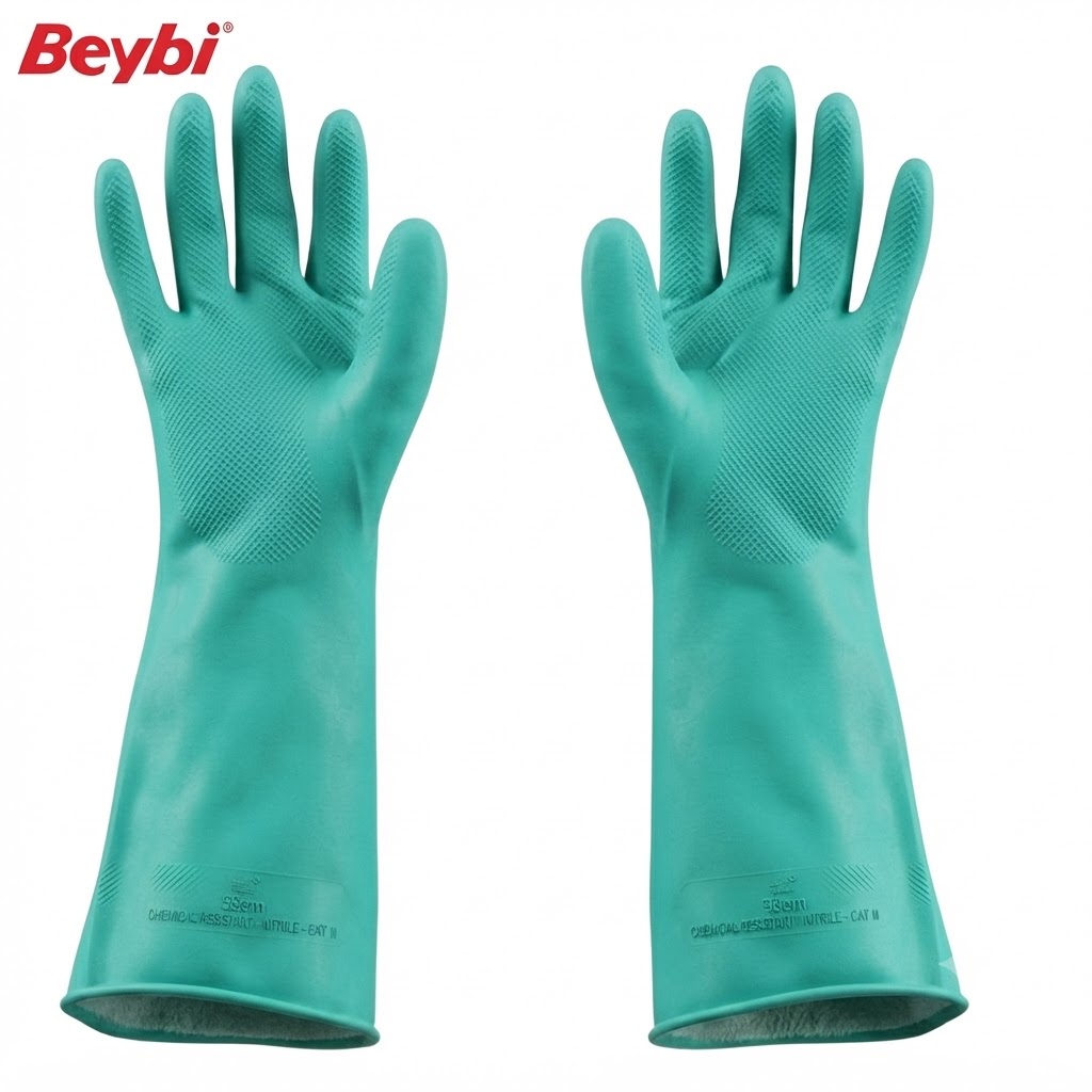 Teal rubber gloves with long cuffs and textured palms for grip, Beybi branding visible in the corner