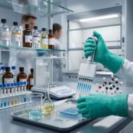 Scientist wearing green gloves using a multichannel pipette to dispense liquid into a 96-well plate at a modern lab bench