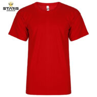 Red short-sleeve T-shirt shown from the front with Staris Workwear branding in the top-left corner.