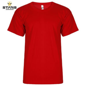 Red short-sleeve T-shirt shown from the front with Staris Workwear branding in the top-left corner.
