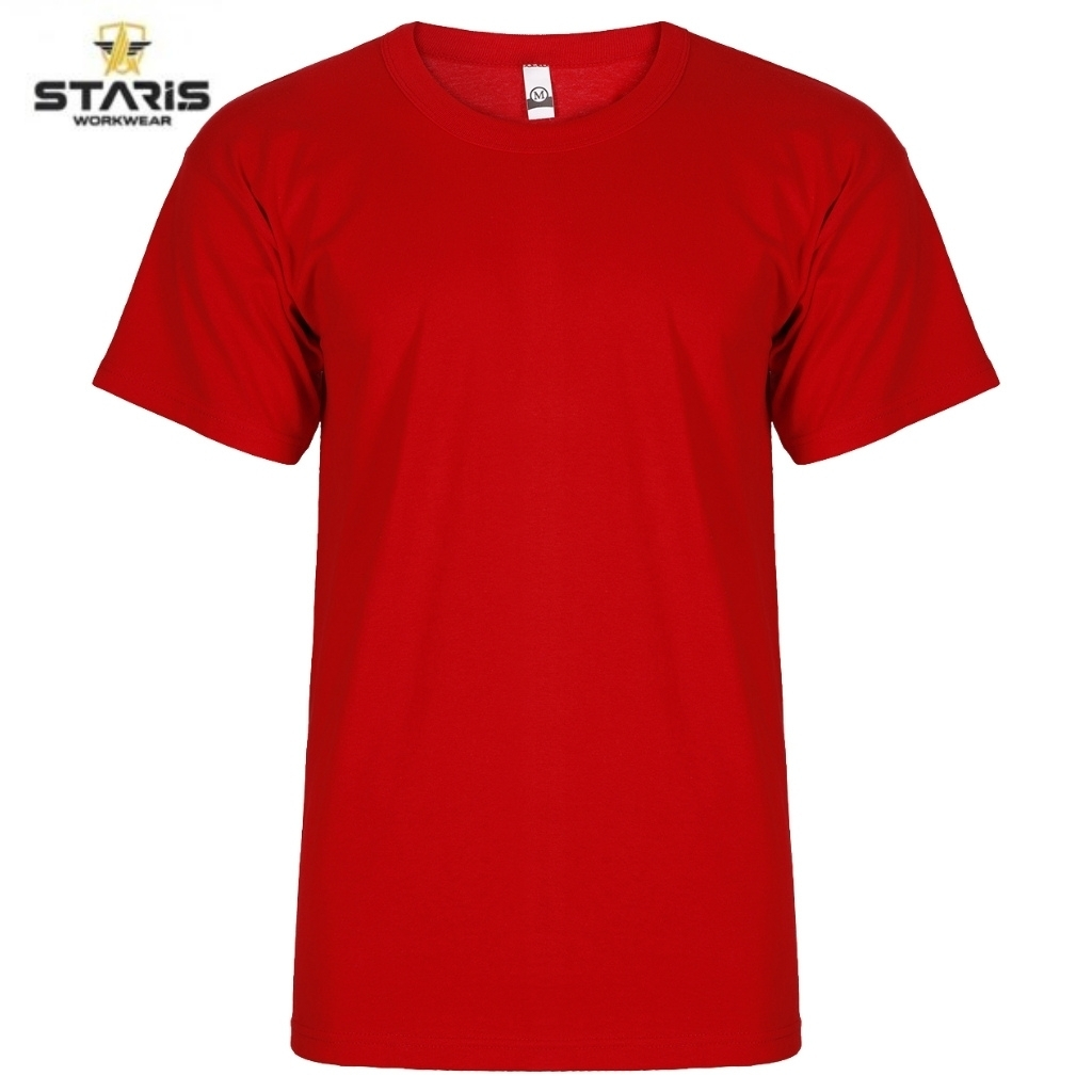 Red short-sleeve T-shirt shown from the front with Staris Workwear branding in the top-left corner.