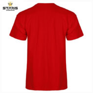 Back view of a plain red short-sleeve T-shirt on a white background; Staris Workwear logo at top-left corner