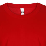 Close-up of a bright red crew-neck T-shirt collar, showing the fabric and tag at the back of the neck.