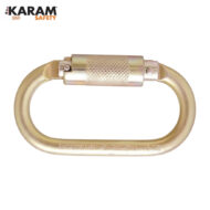 Gold oval carabiner with knurled screw-lock gate; KARAM Safety brand visible in top-left corner