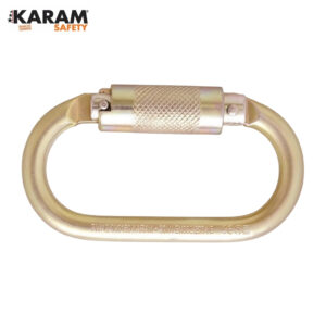 Gold oval carabiner with knurled screw-lock gate; KARAM Safety brand visible in top-left corner