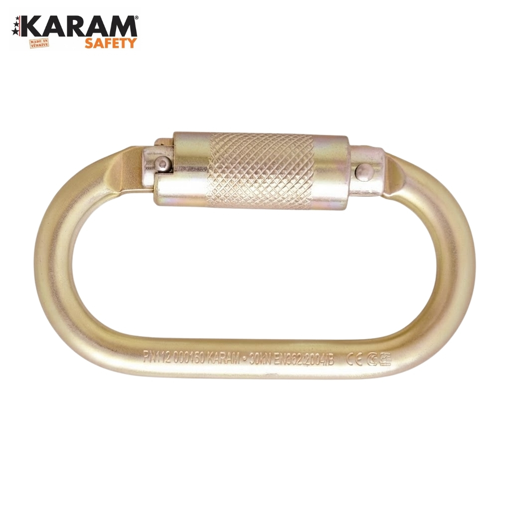 Gold oval carabiner with knurled screw-lock gate; KARAM Safety brand visible in top-left corner
