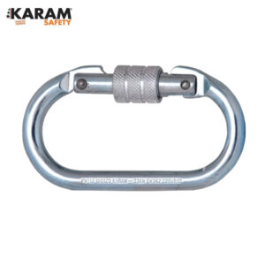 Silver locking carabiner with screw-gate, oval shape, used in climbing gear