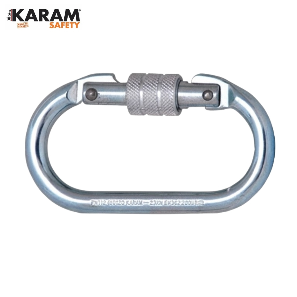 Silver locking carabiner with screw-gate, oval shape, used in climbing gear