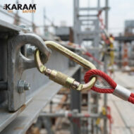 Close-up of a metal shackle and carabiner clipped to a red safety rope on a construction site, with the KARAM SAFETY logo in the top-left corner.