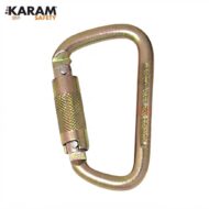 Gold-colored locking carabiner with screw-lock, branded KARAM Safety (climbing hardware)