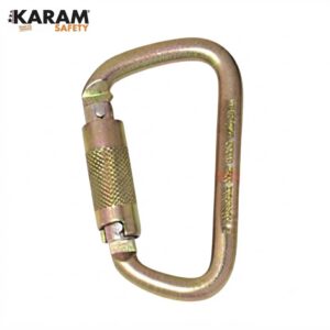 Gold-colored locking carabiner with screw-lock, branded KARAM Safety (climbing hardware)