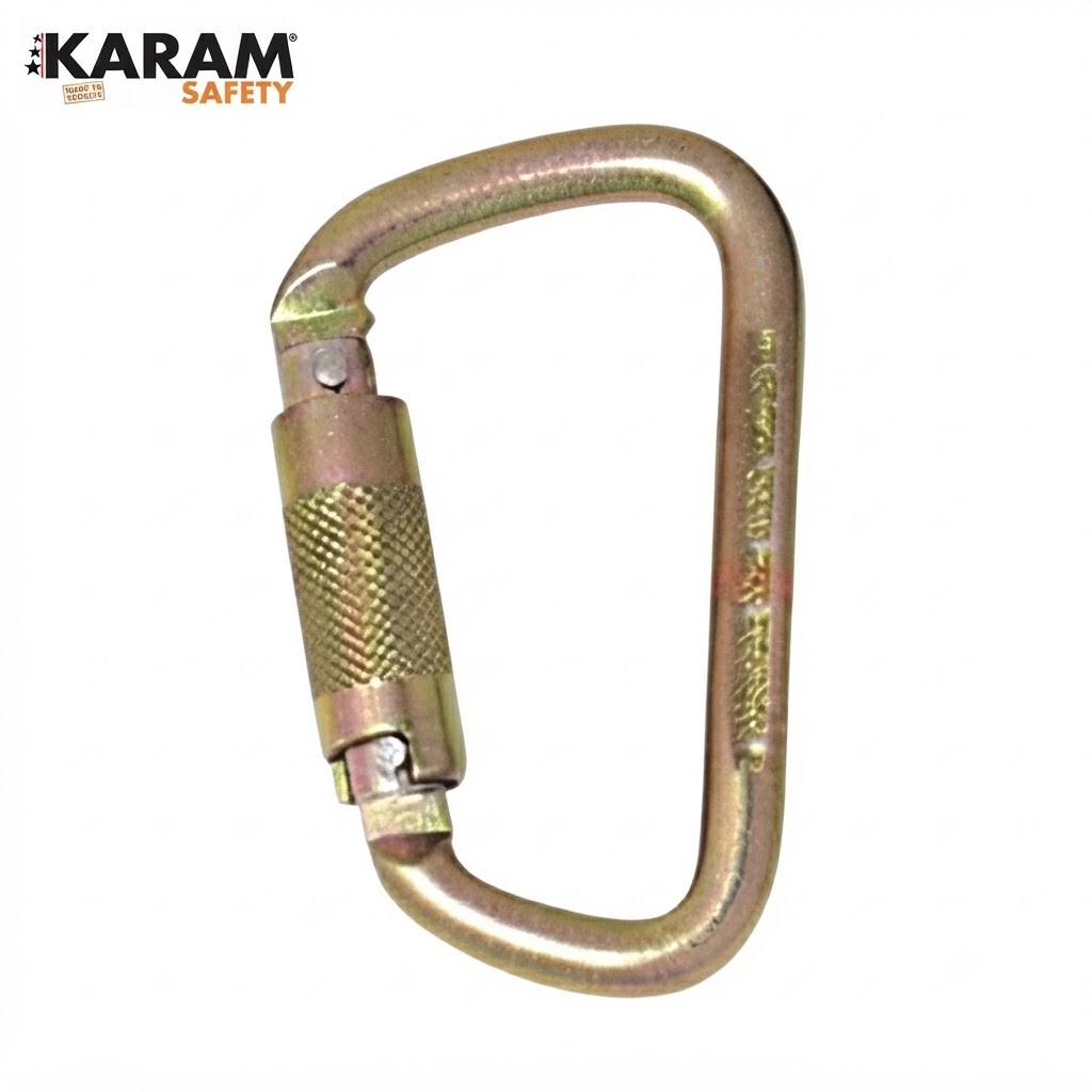 Gold-colored locking carabiner with screw-lock, branded KARAM Safety (climbing hardware)