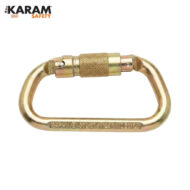 Gold carabiner with screw-lock gate, KARAM Safety branding.