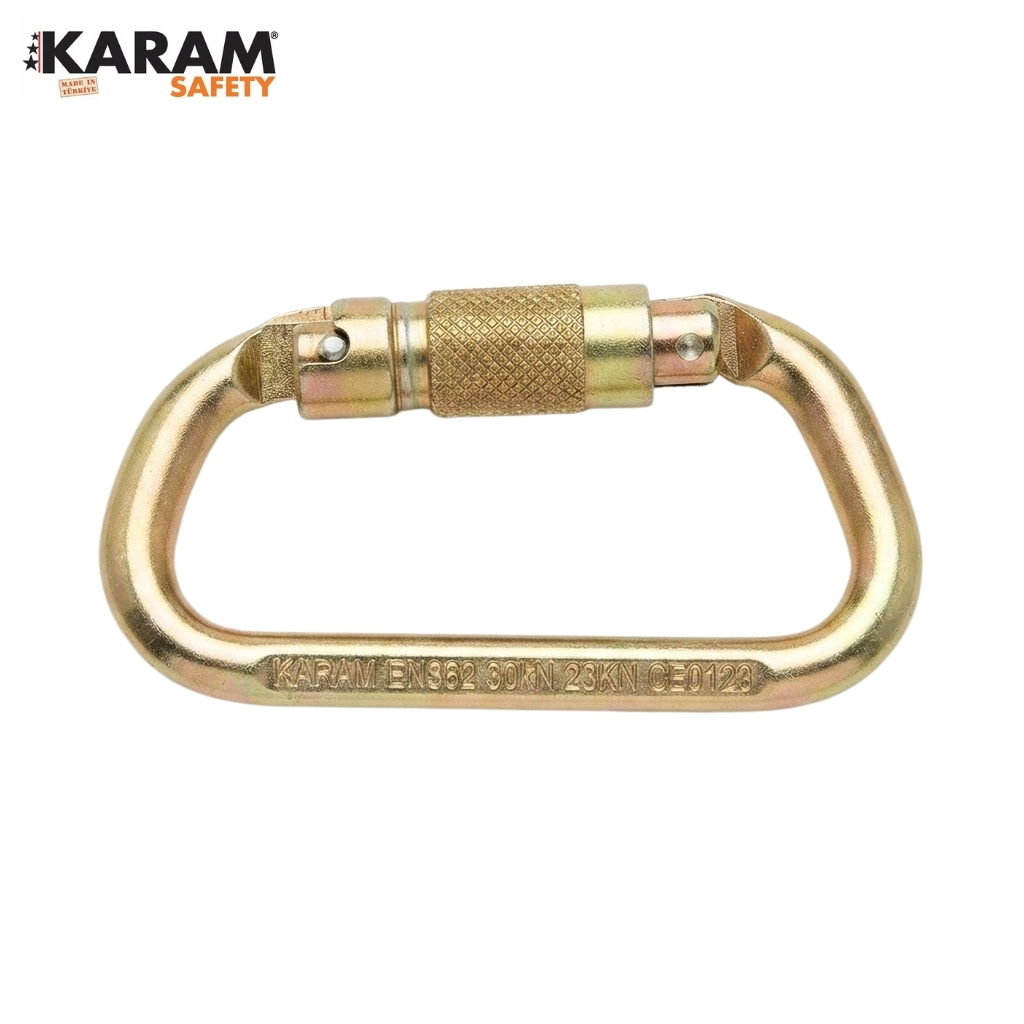 Gold carabiner with screw-lock gate, KARAM Safety branding.