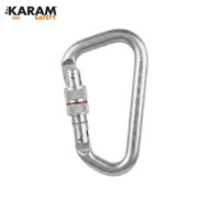 Steel locking carabiner by Karam Safety with screw-lock mechanism and red locking band.