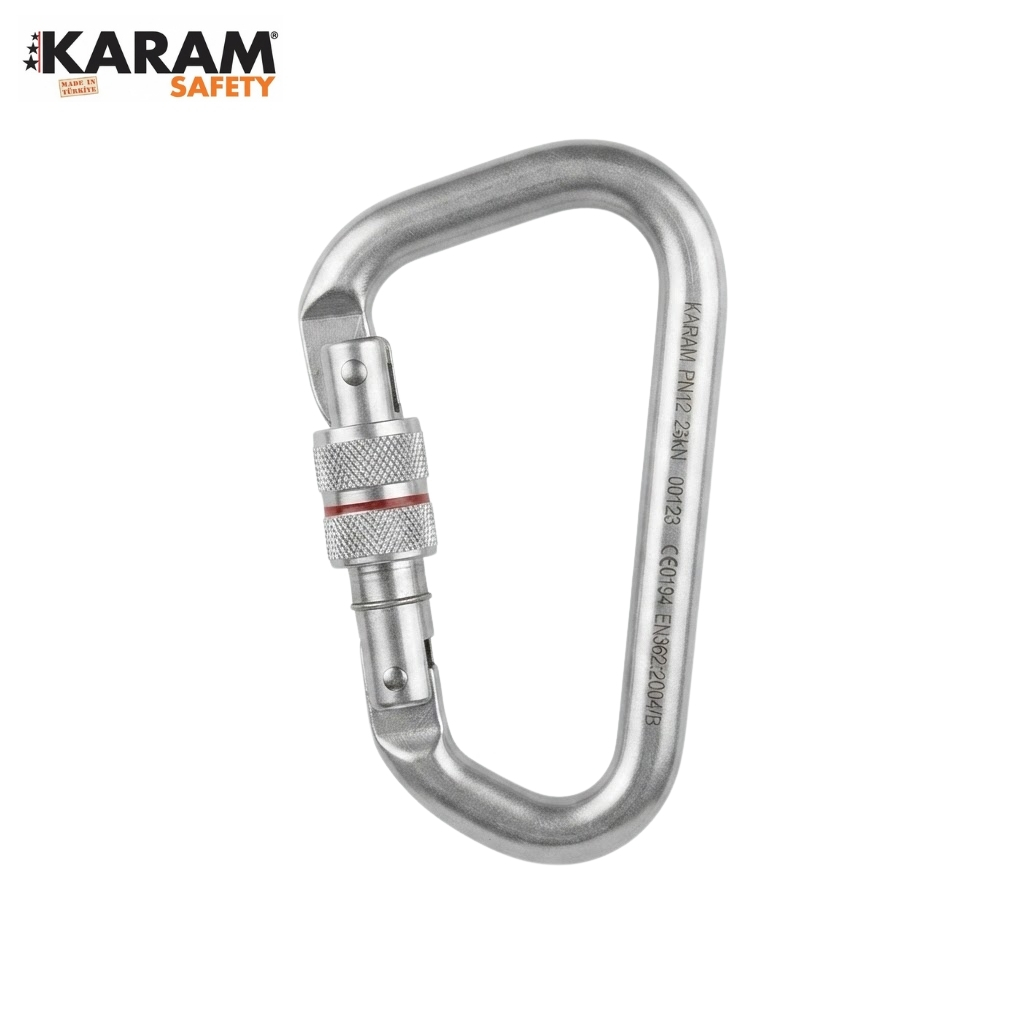 Steel locking carabiner by Karam Safety with screw-lock mechanism and red locking band.
