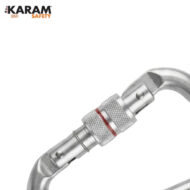 Metal carabiner with a screw-lock gate, branding visible as KARAM Safety in the corner of the image.