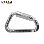 Locking metal carabiner with screw-gate, knurled sleeve visible; KARAM Safety branding in corner.