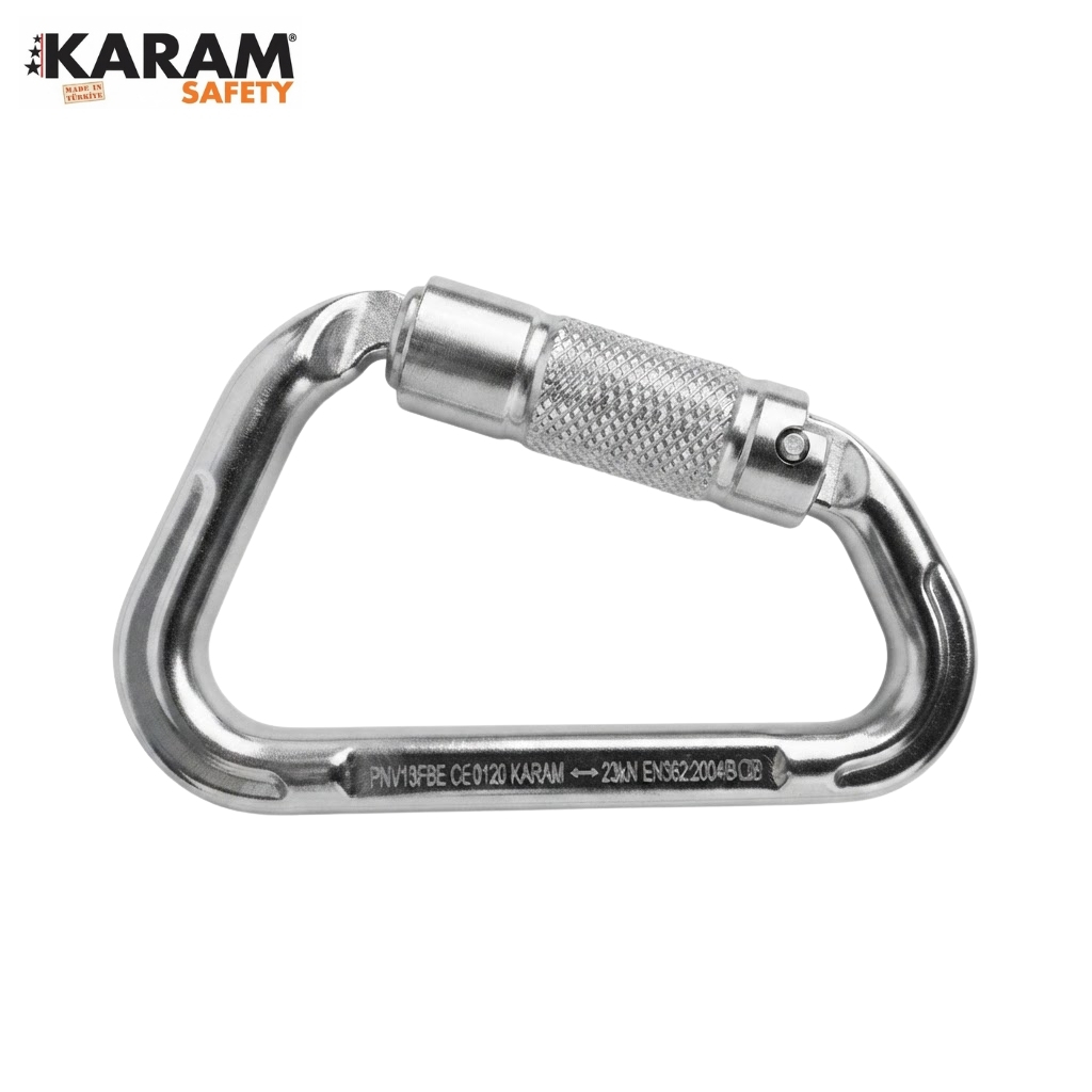 Locking metal carabiner with screw-gate, knurled sleeve visible; KARAM Safety branding in corner.