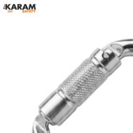 Close-up of a silver carabiner with a knurled locking sleeve and the KARAM Safety logo in the top-left corner.