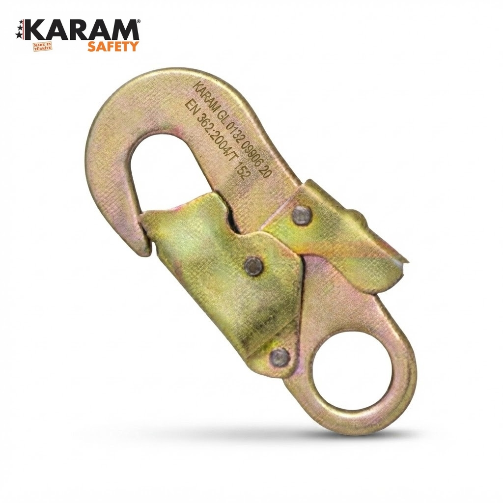 Gold locking carabiner with latch for safety harness connections (KARAM Safety).