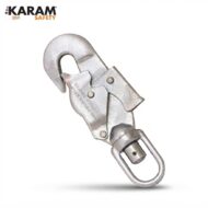 Silver locking carabiner hook with a hinged gate and swivel at the base, branded KARAM Safety.