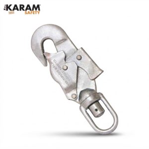 Silver locking carabiner hook with a hinged gate and swivel at the base, branded KARAM Safety.