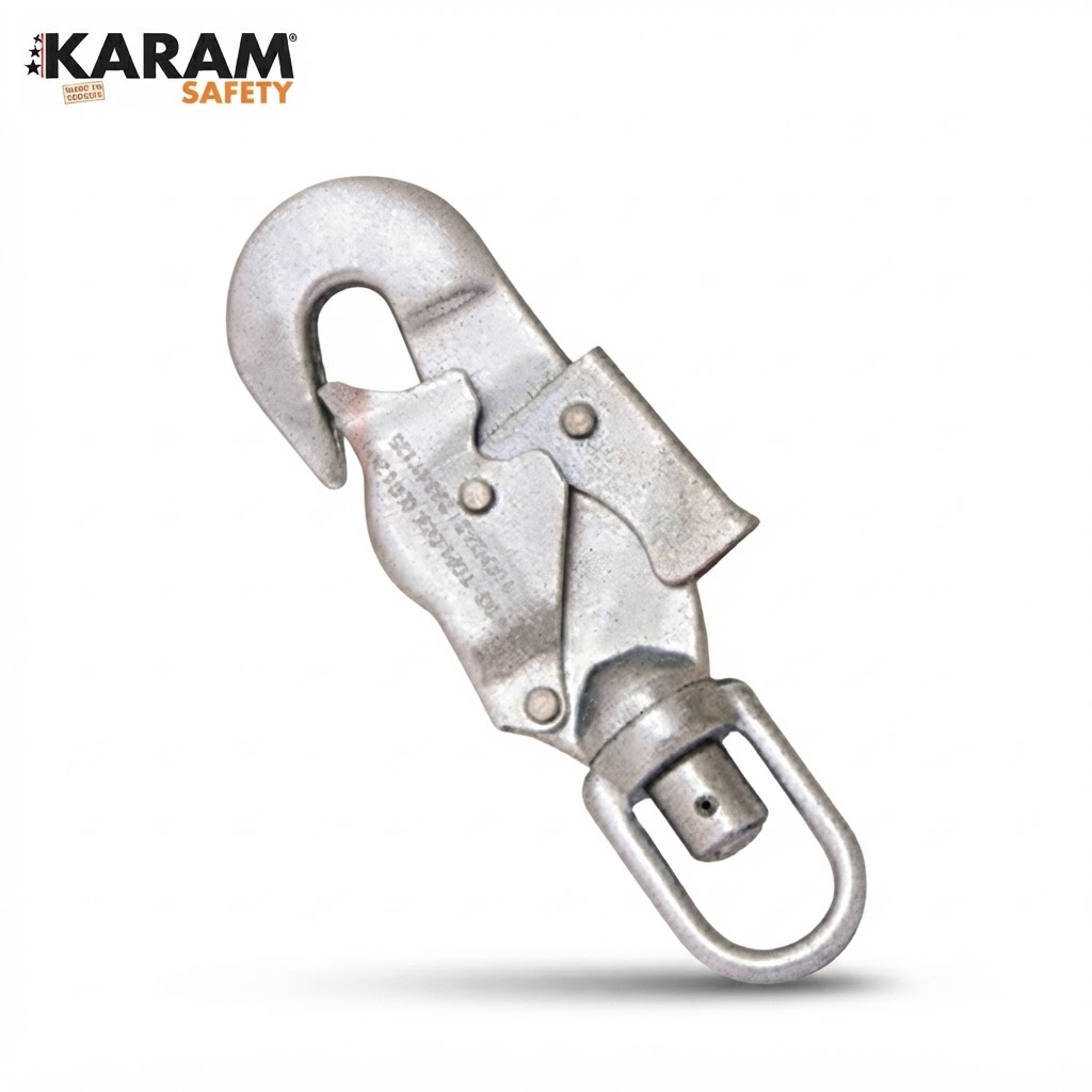 Silver locking carabiner hook with a hinged gate and swivel at the base, branded KARAM Safety.