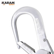 Silver aluminum carabiner with a spring-loaded gate, shown at an angle; KARAM Safety branding visible in the top-left corner.