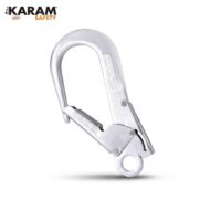 Silver locking carabiner by KARAM Safety, shown at an angled view with a lever-style gate.