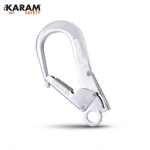 Silver locking carabiner by KARAM Safety, shown at an angled view with a lever-style gate.