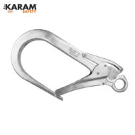 Locking carabiner with a gated latch, stainless steel, angled open position; KARAM Safety branding in the corner