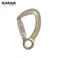 Gold-colored metal carabiner with screw-lock sleeve, used for climbing or safety harnesses (KARAM Safety branding)