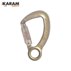 Gold-colored metal carabiner with screw-lock sleeve, used for climbing or safety harnesses (KARAM Safety branding)
