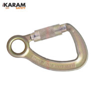 Gold-colored locking carabiner with screw-in safety lock by KARAM Safety, used for securing gear
