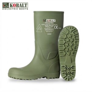 Green Kobalt dielectric boot with a chunky tread sole, shown from the side and outsole visible