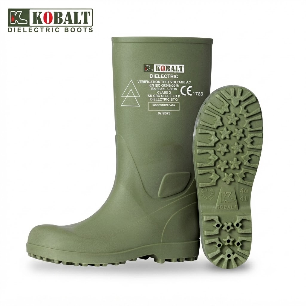 Green Kobalt dielectric boot with a chunky tread sole, shown from the side and outsole visible