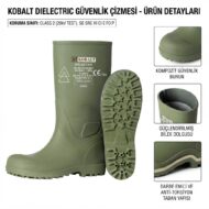 Kobalt dielectric safety boot with composite toe, padded ankle, and rugged anti-torsion sole shown in olive green UI image.