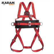 Red and black full-body fall-arrest safety harness with adjustable straps, metal buckles, and D-rings (KARAM Safety)