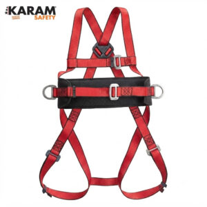 Red and black full-body fall-arrest safety harness with adjustable straps, metal buckles, and D-rings (KARAM Safety)