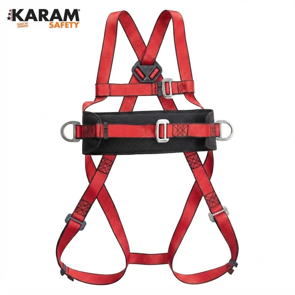 Red and black full-body fall-arrest safety harness with adjustable straps, metal buckles, and D-rings (KARAM Safety)