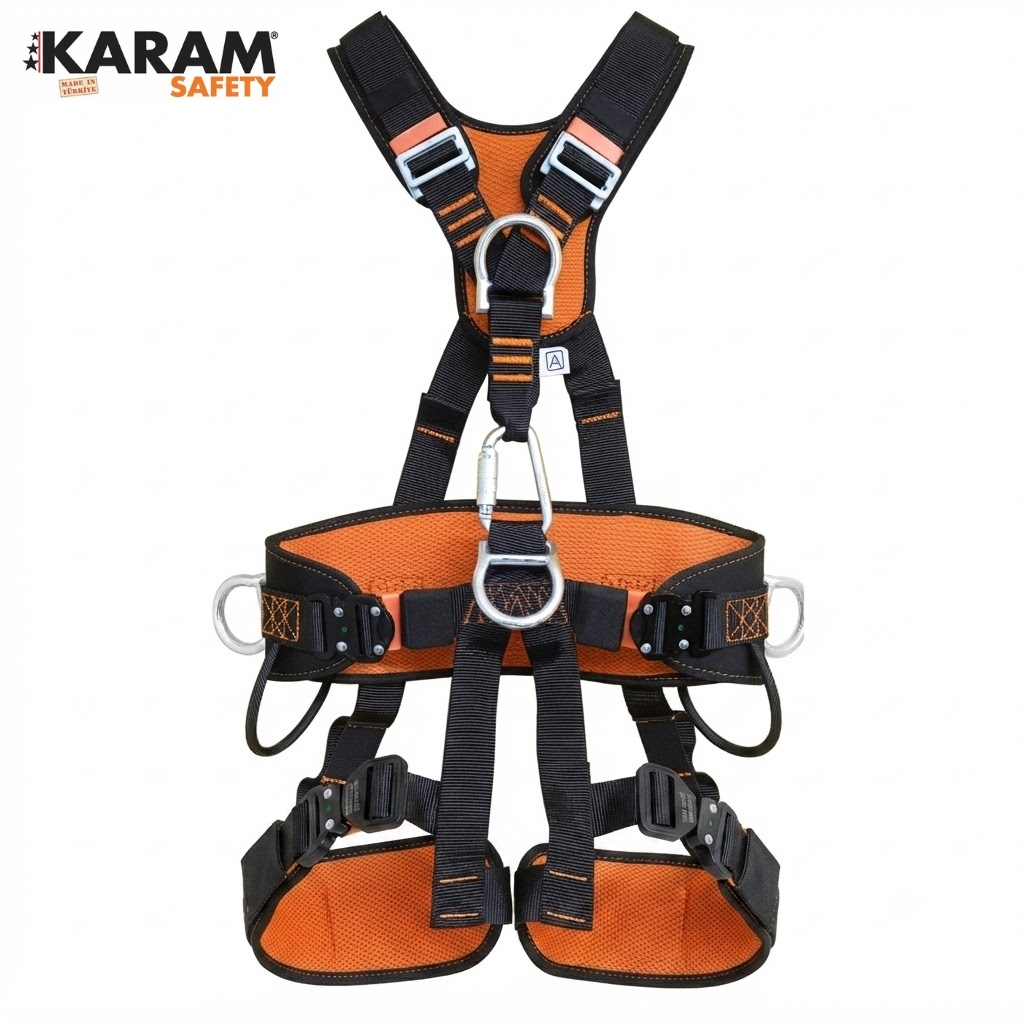 Orange and black full-body safety harness with metal buckles and carabiners for fall protection.