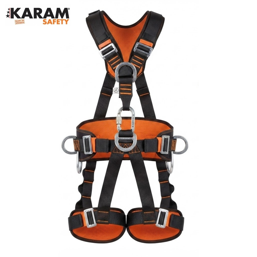 KARAM Safety full-body climbing harness in orange and black with metal buckles and rings.