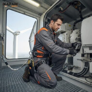 Maintenance technician in gray and orange safety gear kneels inside a wind turbine nacelle, operating a large control assembly.
