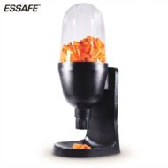 Essafe candy dispenser with a clear dome filled with orange candies atop a black stand.