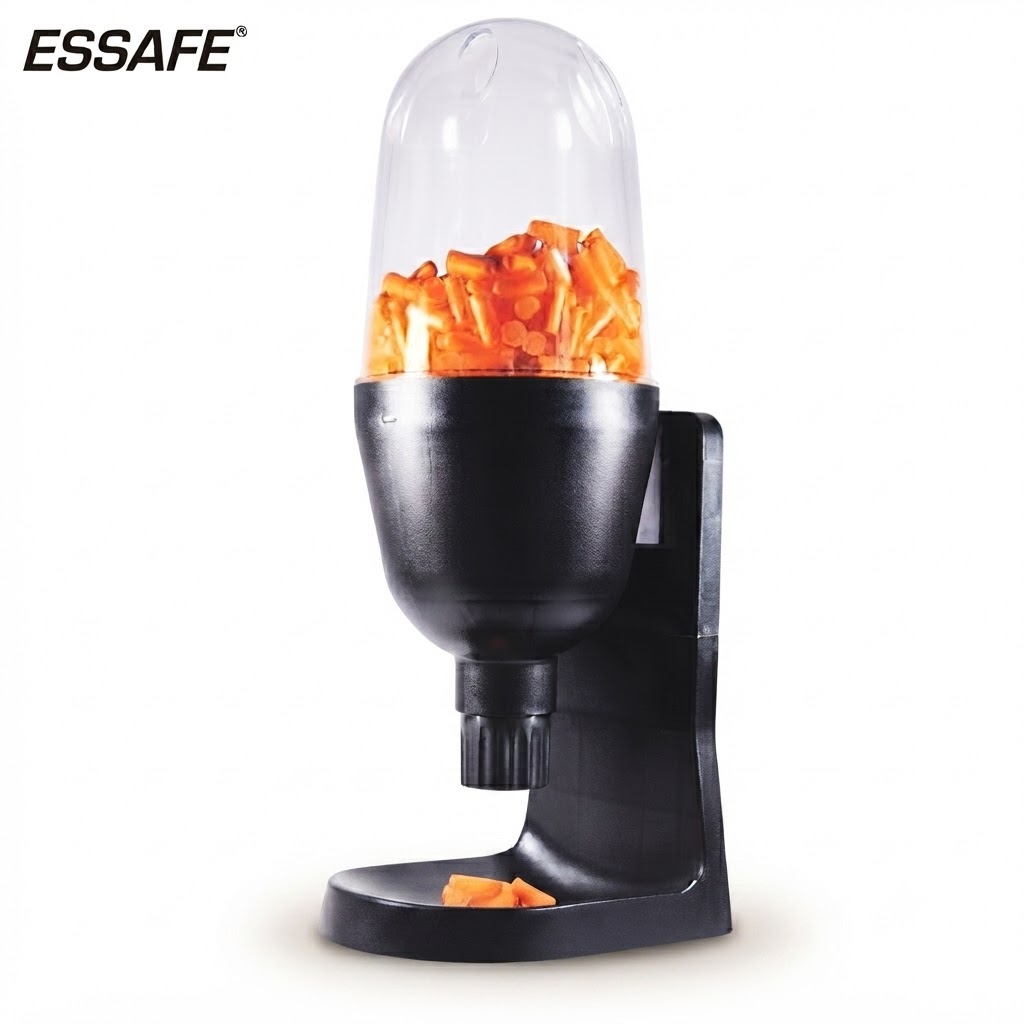 Essafe candy dispenser with a clear dome filled with orange candies atop a black stand.