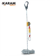 KARAM Safety fall-arrest rope with top locking carabiner, yellow energy absorber, and coiled rope at the bottom